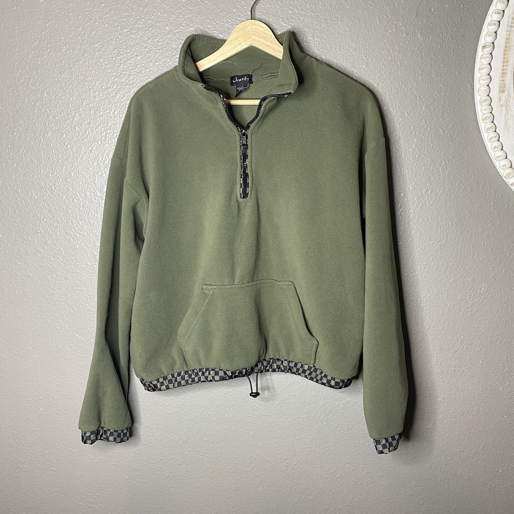 Justify Teen Green‎ Crop Fleece Pullover 1/4 Zip Cinch Bottom Womens Size Large